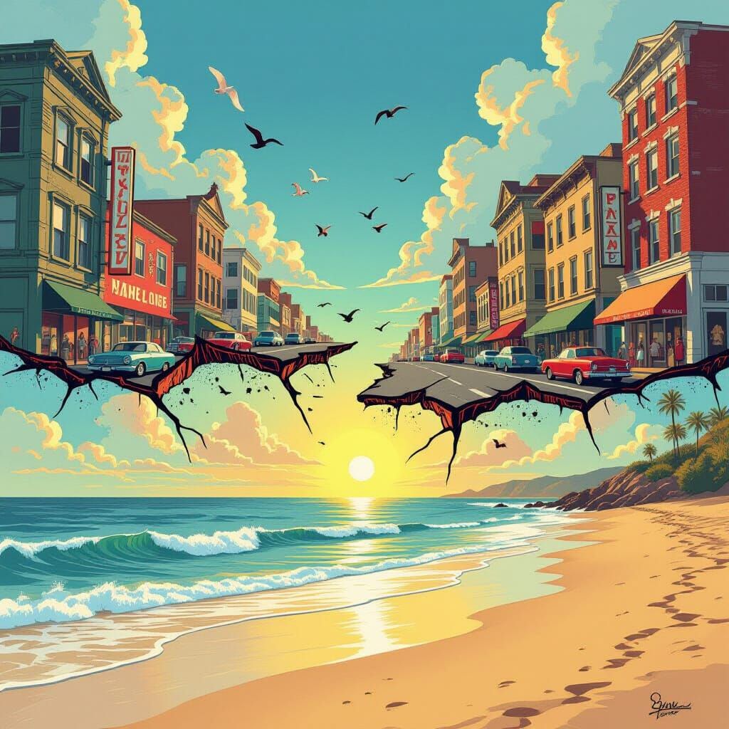 City Street Divided: Political Unrest Meets Beach Serenity