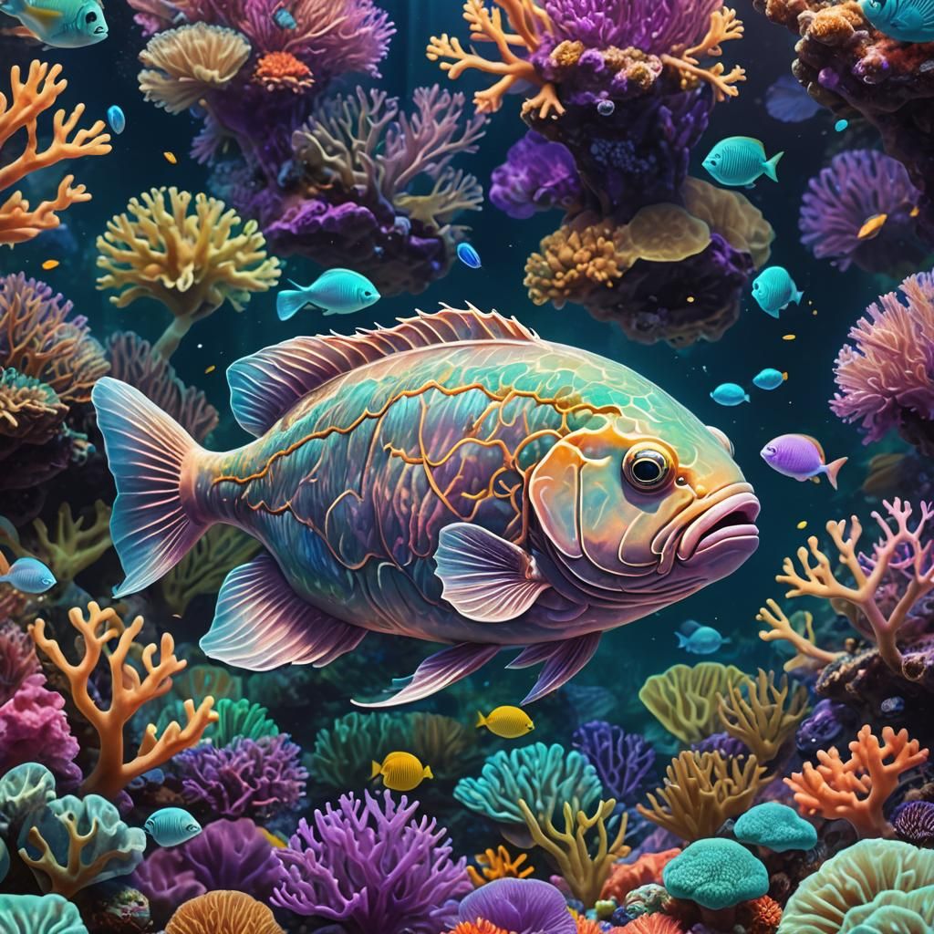 Blob Fish in Coral Reef: Dreamlike Digital Art