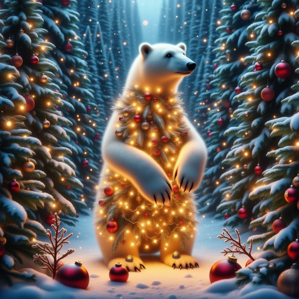 Polar Bear Surrounded by Christmas Lights in Snowy Forest