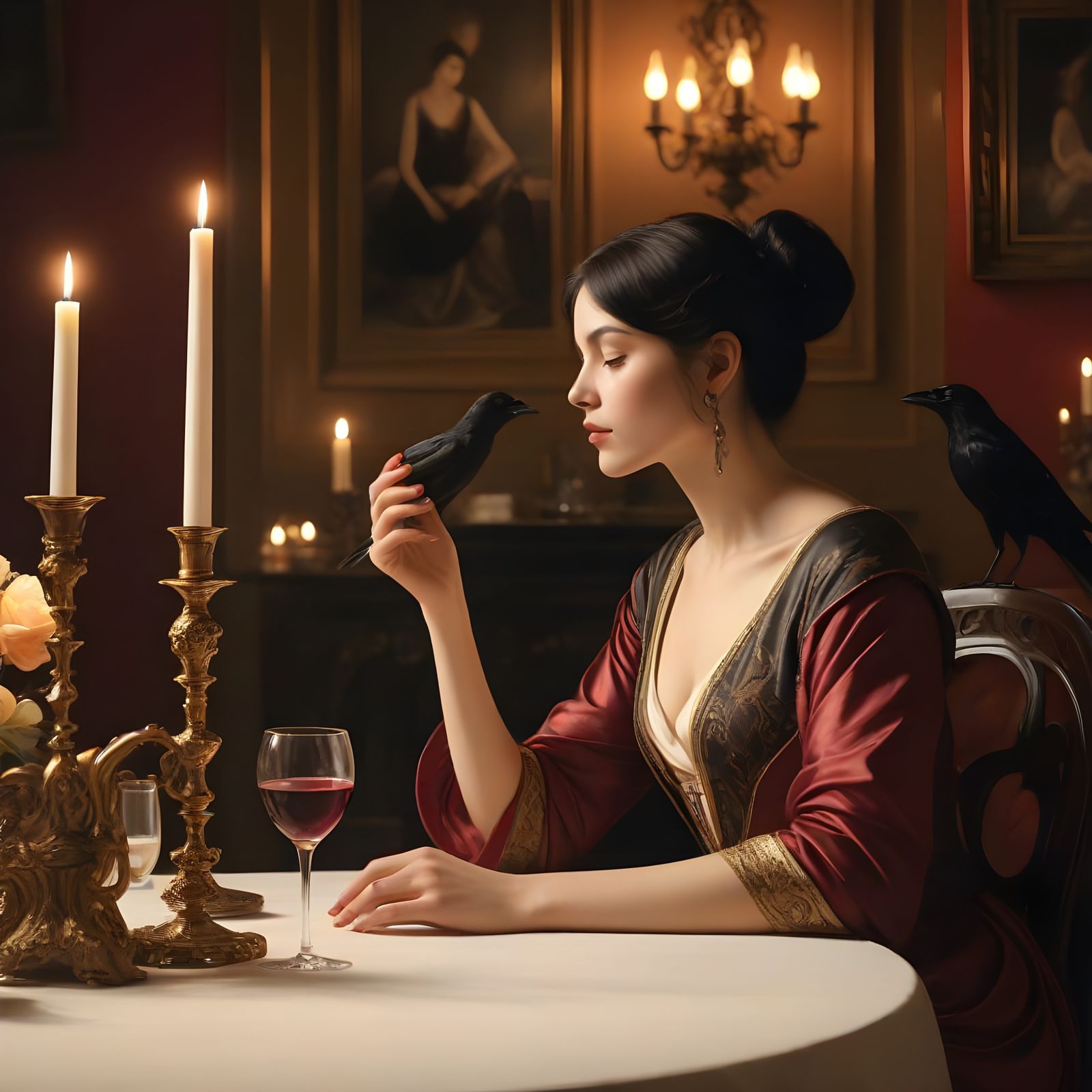 Elegant Woman Savoring Wine in Candlelit Ambiance