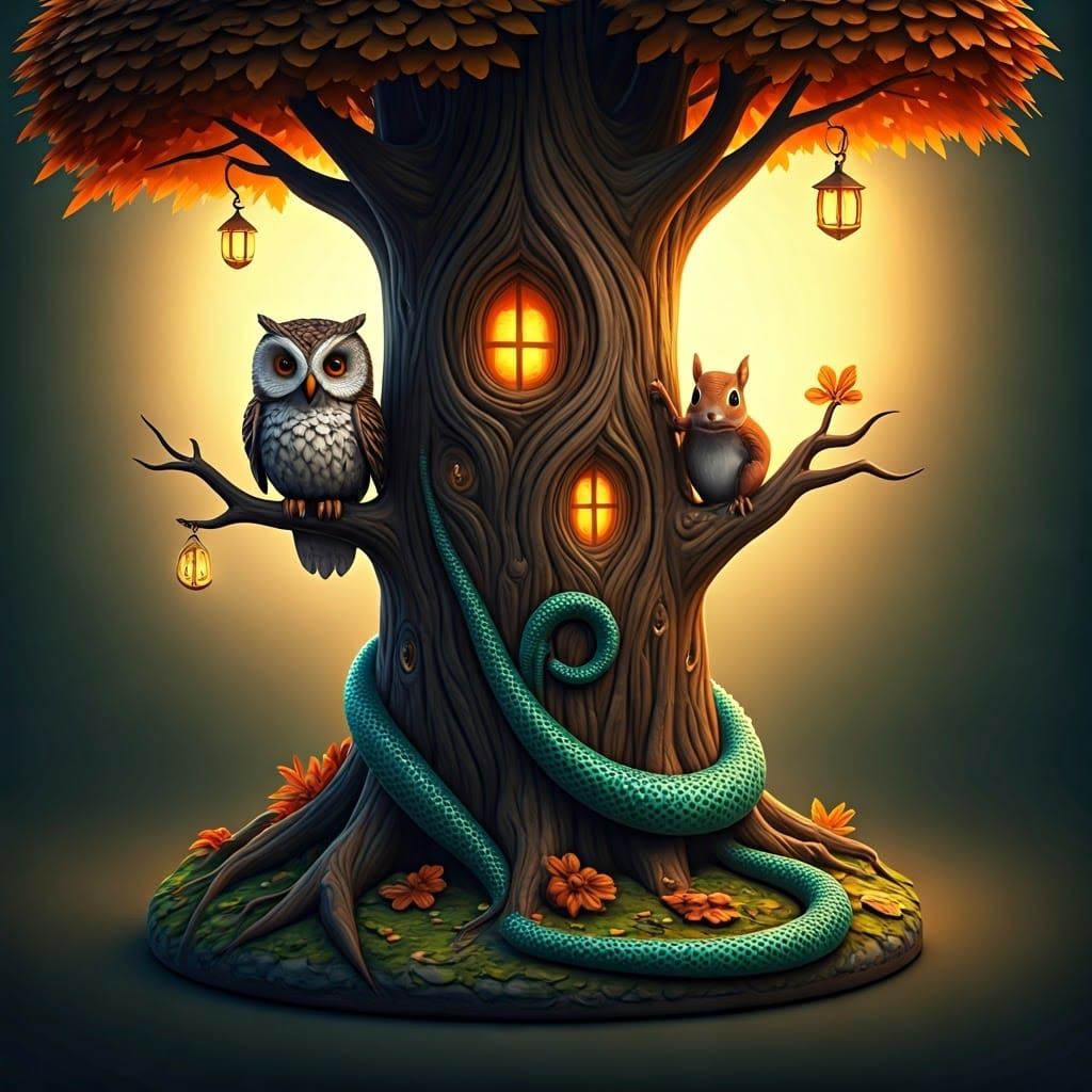 Enchanting Forest Scene with Dragon, Owl, and Squirrel