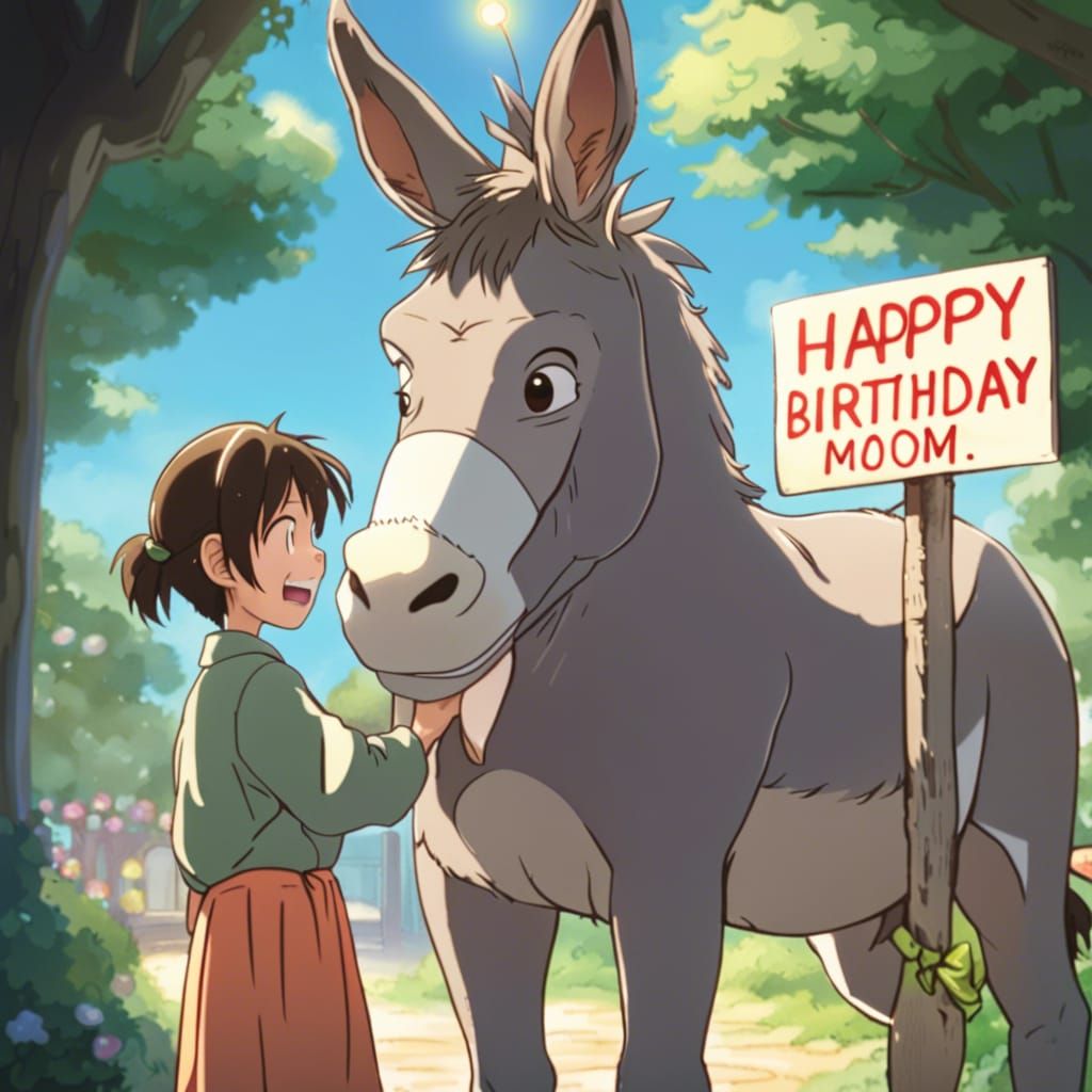 Donkey Birthday Card in Studio Ghibli Style