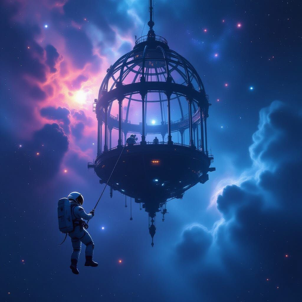 Astronaut Adrift Near Ornate Space Station Birdcage