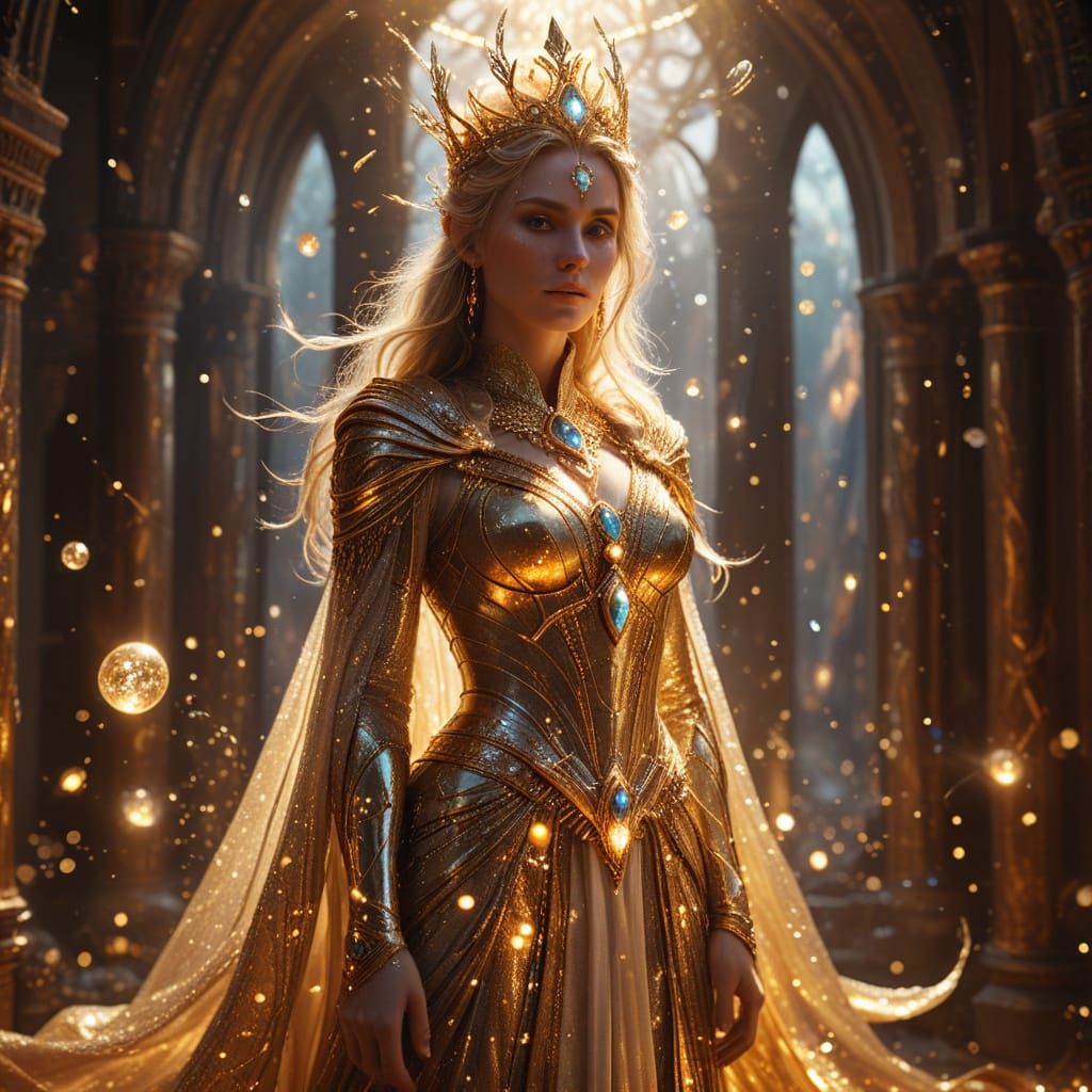 Ethereal Sorceress Queen in Shimmering Golden Regalia