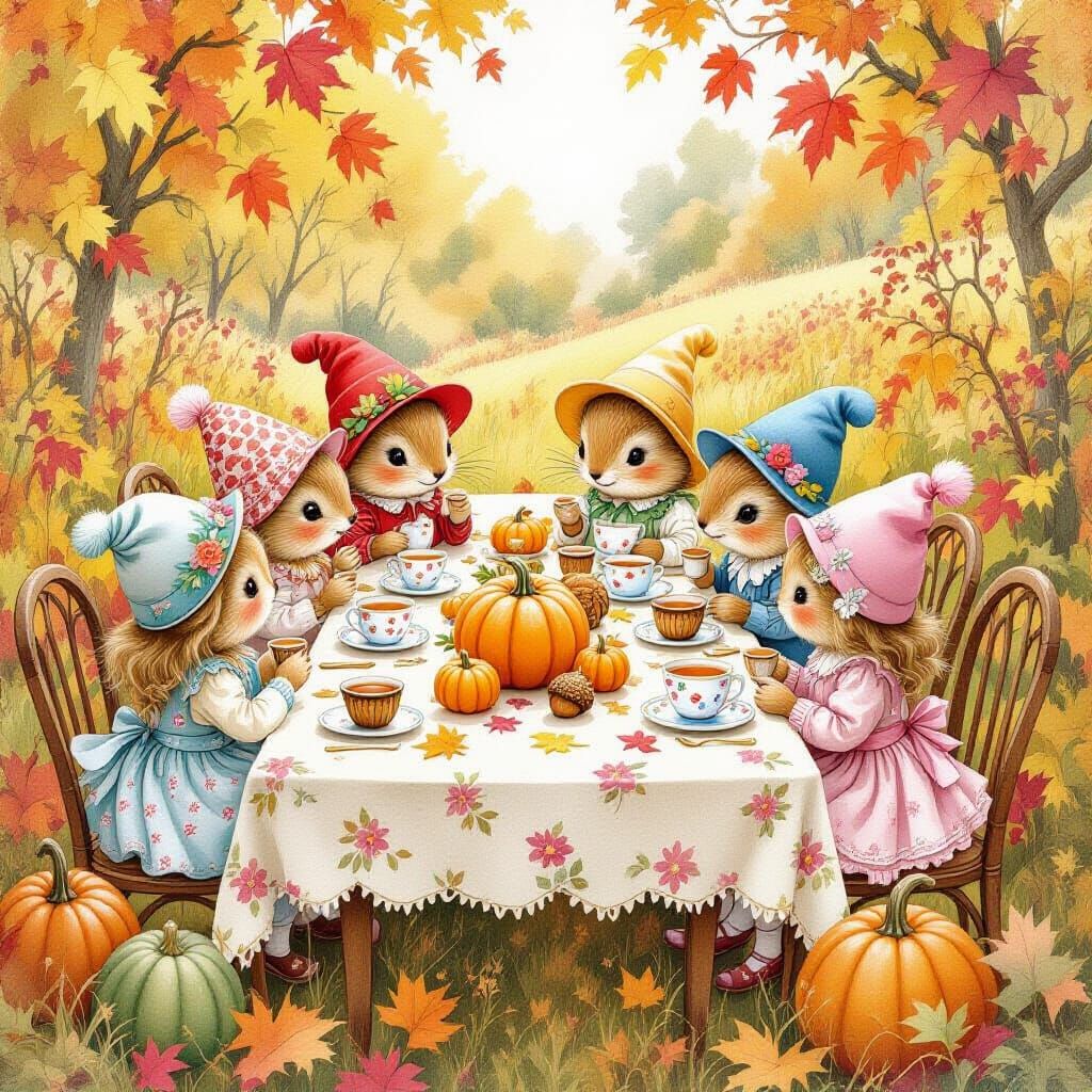 Whimsical Tea Party in Watercolor Pumpkin Patch