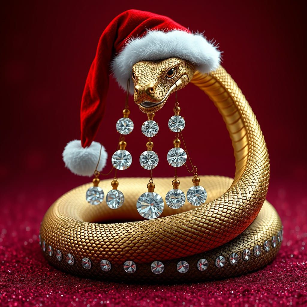 Golden King Cobra Christmas Tree in Red Glittery Wonderland
