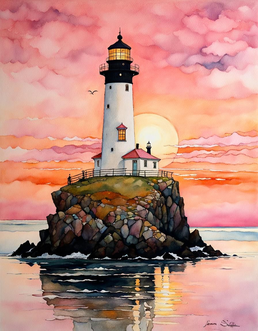 Island Lighthouse at Sunrise in Art Nouveau Style