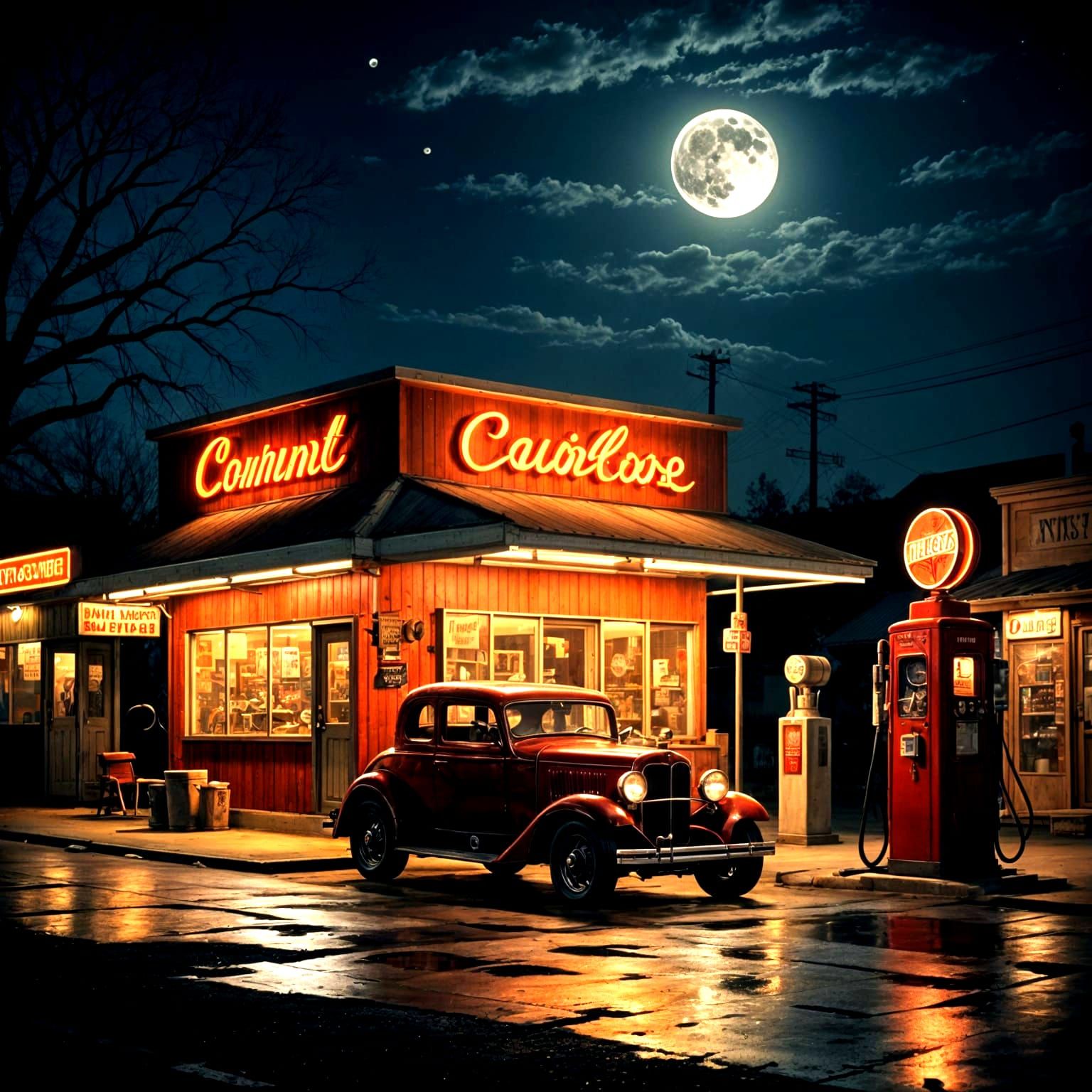 Retro Nighttime Gas Station Scene with Full Moon