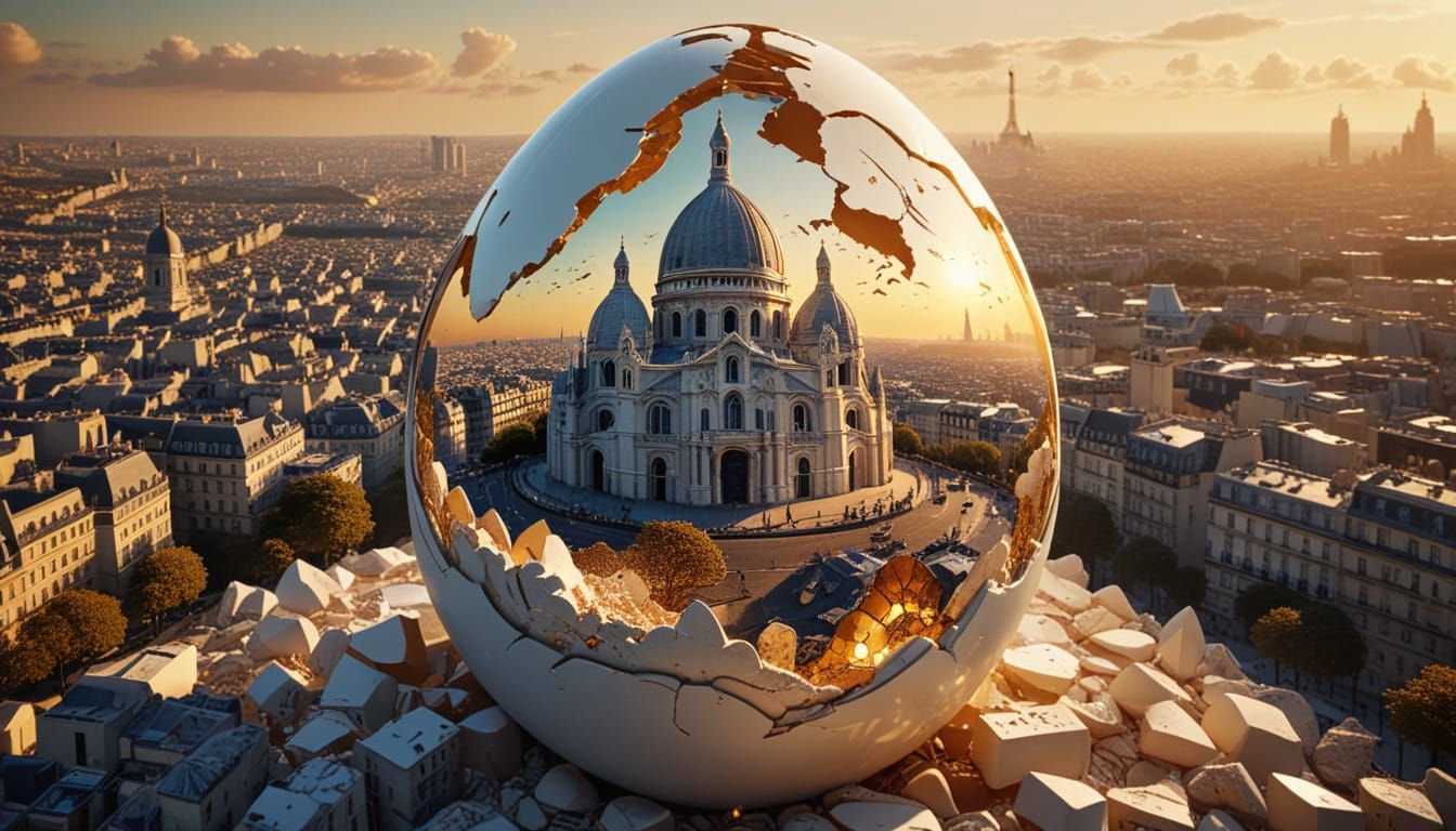 Surreal Paris Sacré-Cœur in Egg, Dreamlike Digital Art