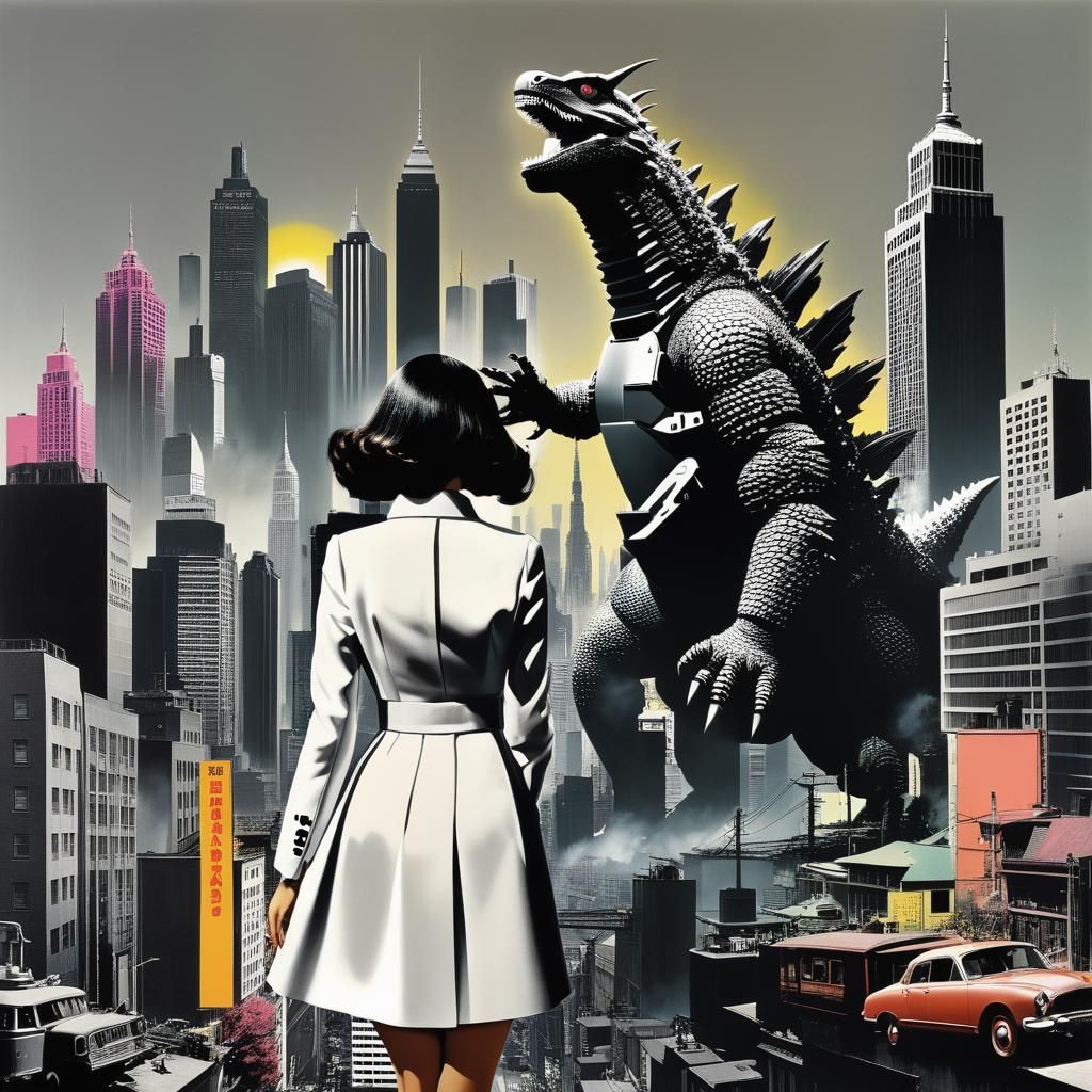 Robot Godzilla Cityscape in Pop Art Style