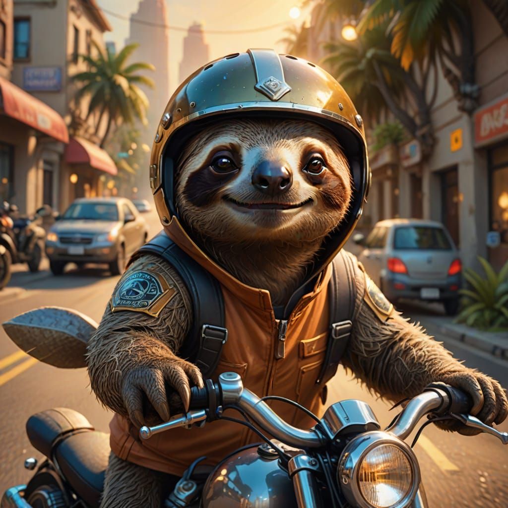 Smiling Sloth on Motorcycle in Golden Hour