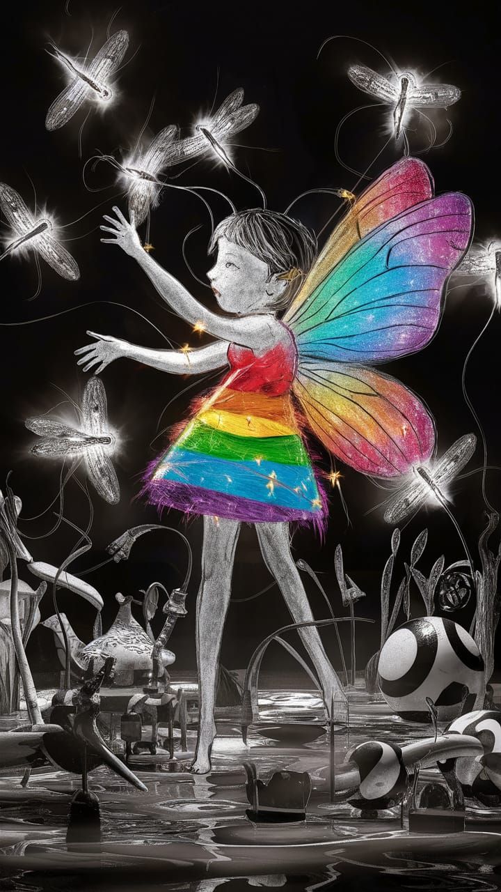 Rainbow Fairy Child's Drawing with Fireflies