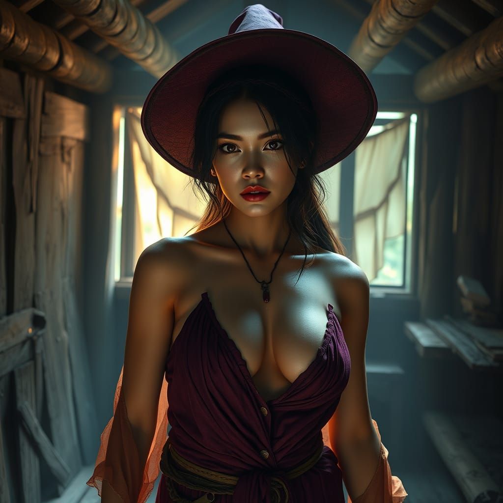 Asian Witch in Rustic Cabin: Dynamic Fantasy Art