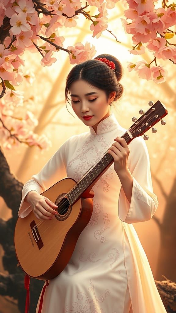 Vietnamese Woman Plays Traditional Instrument Beneath Cherry...