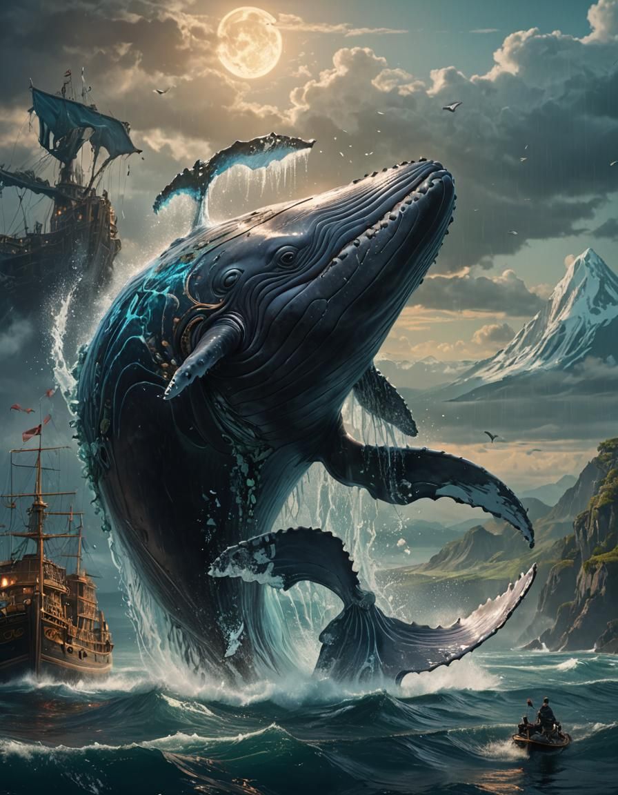Fantastical Whale in Deep Color, Detailed Matte Painting