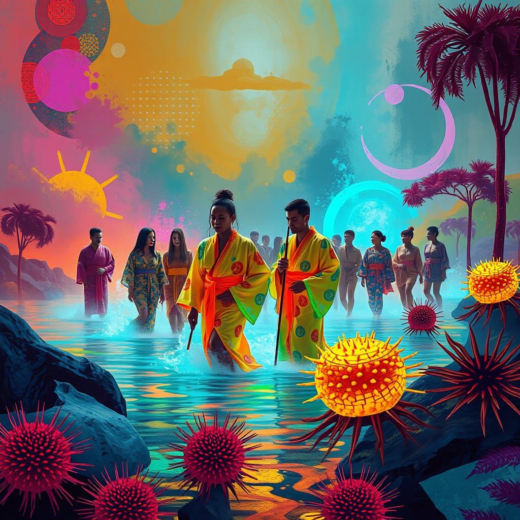 Psychedelic Zen Garden Party with Vibrant Figures