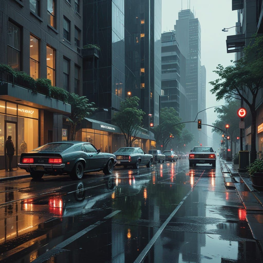 Glistening City Street Under Neon Skies