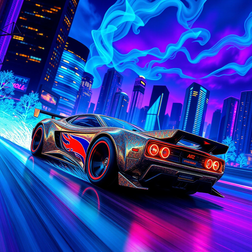 Hot Wheels Car Races Through Neon Cityscape