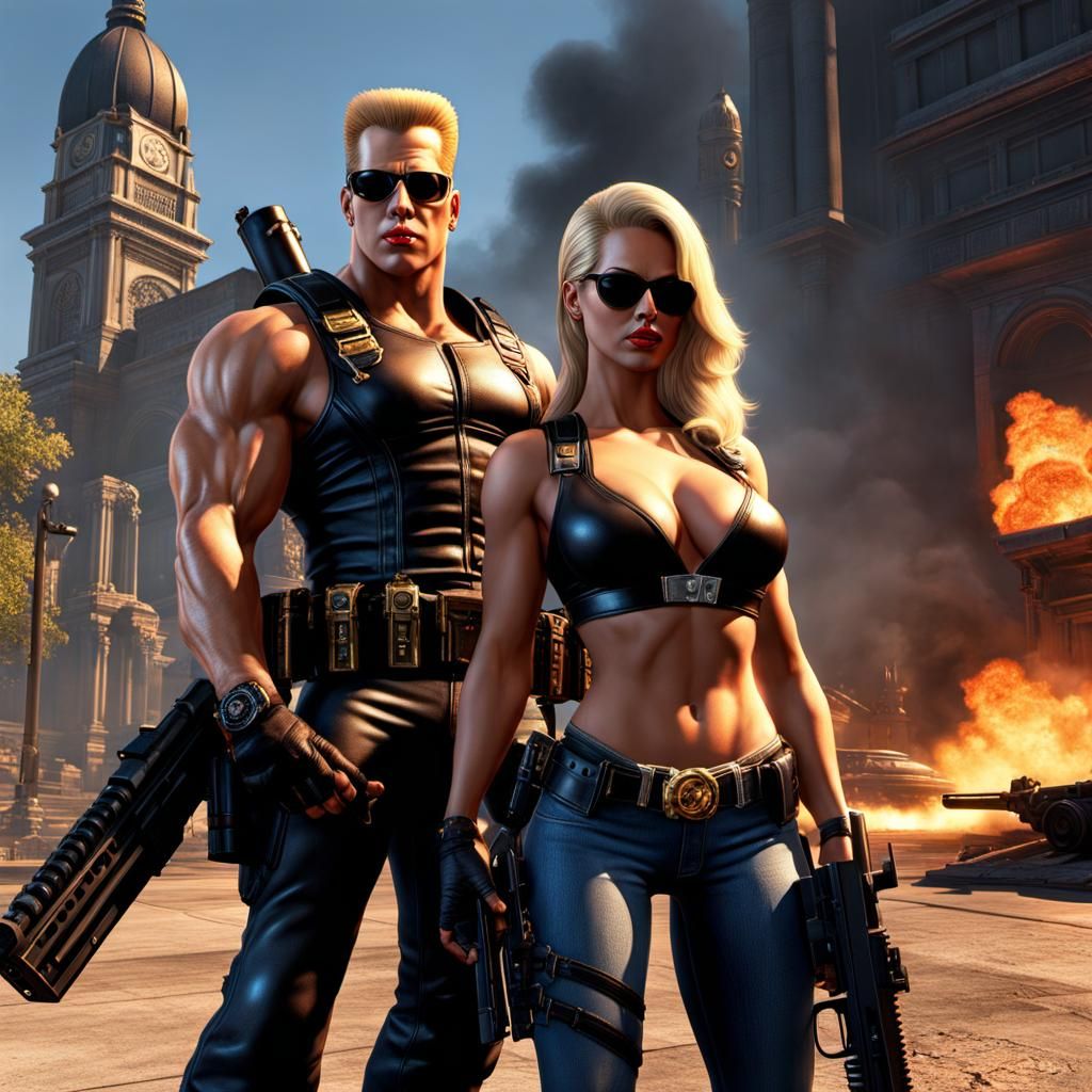 Duke Nukem with Weapon, Hyperrealistic Digital Art