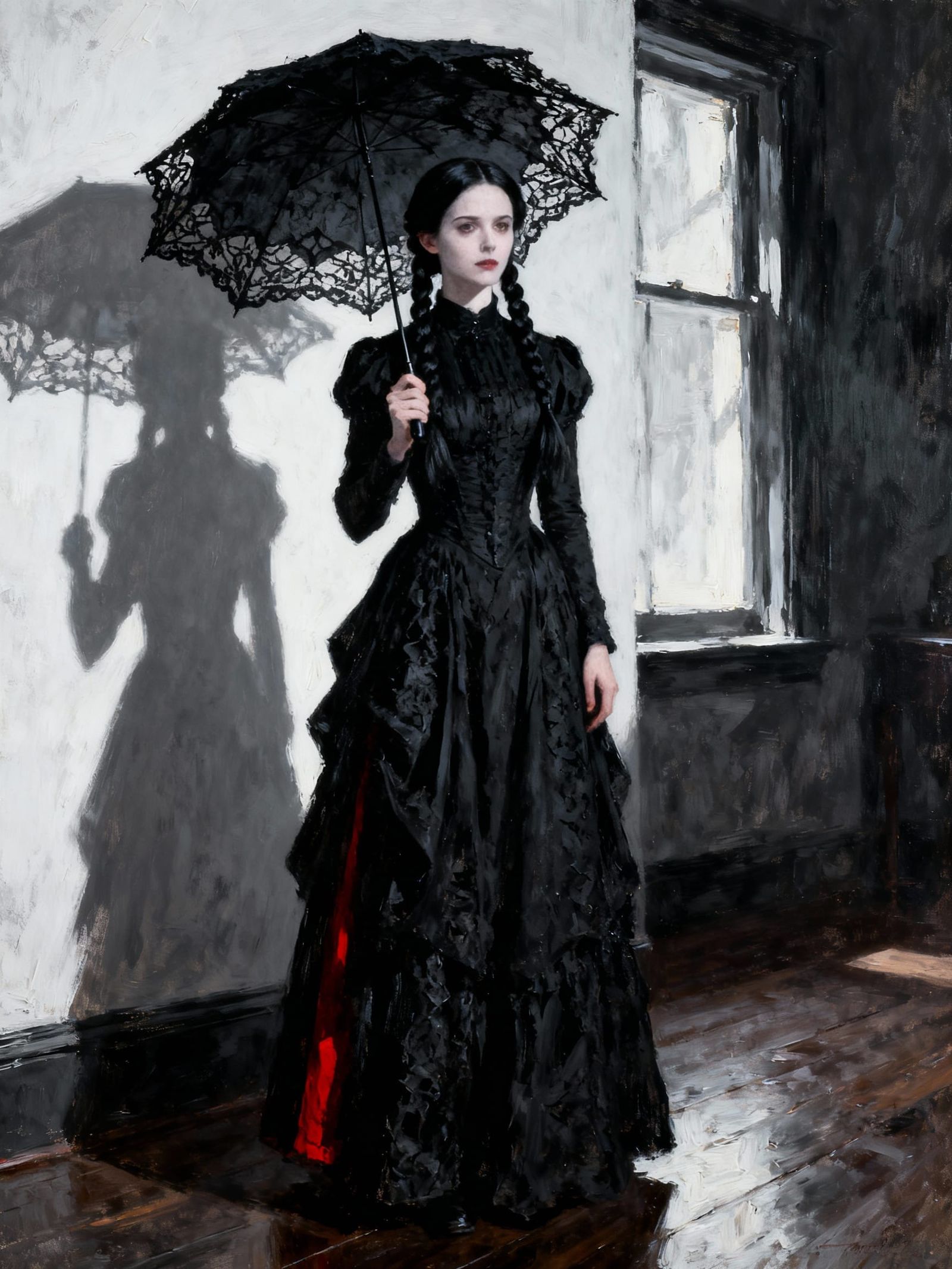 Wednesday Adams with Lace Parasol Oil Painting