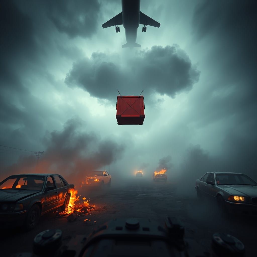 Hyperrealistic Pubg Game Scene with Red Airdrop Box and Fog