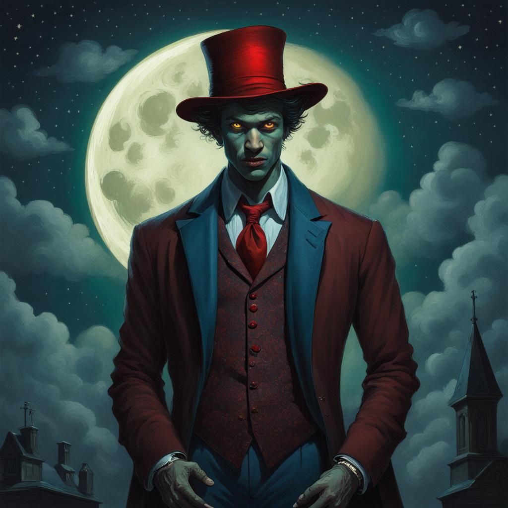 brown male vampire in blue suit with red shirt no tie red fedora hat green eyes moon night sky stars small clouds