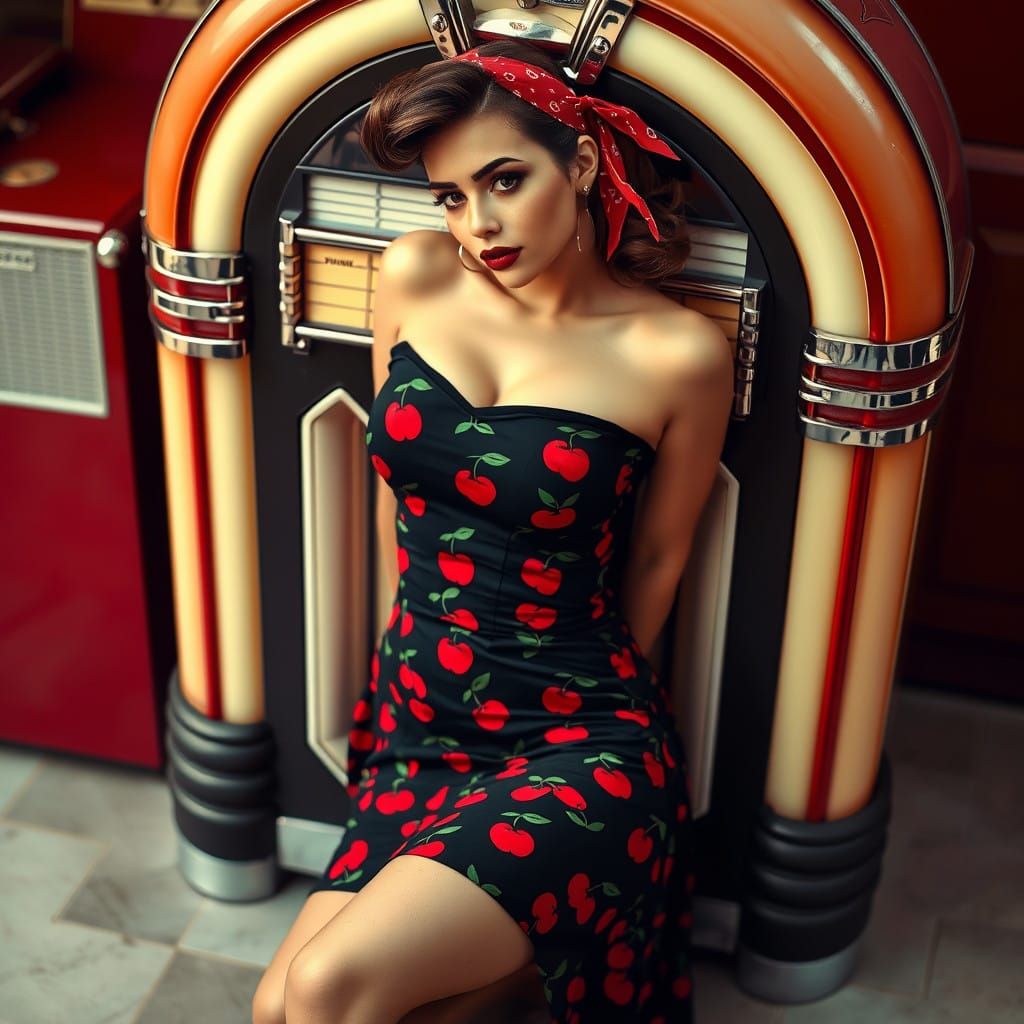 Rockabilly Pinup Girl Leans Against Vintage Jukebox in Style