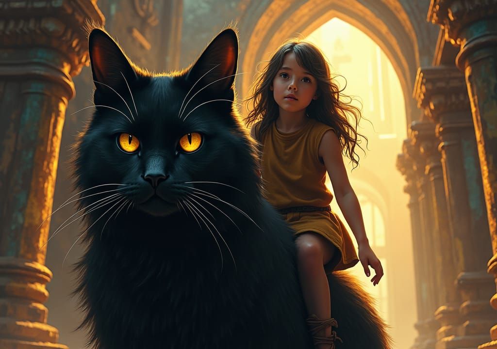 Girl Rides Black Cat in Mystical Castle
