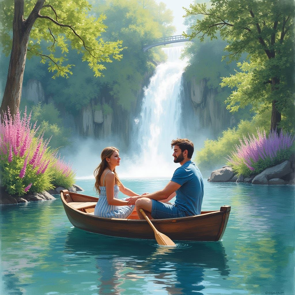 Couple in Rowing Boat: Expressive Watercolor Art