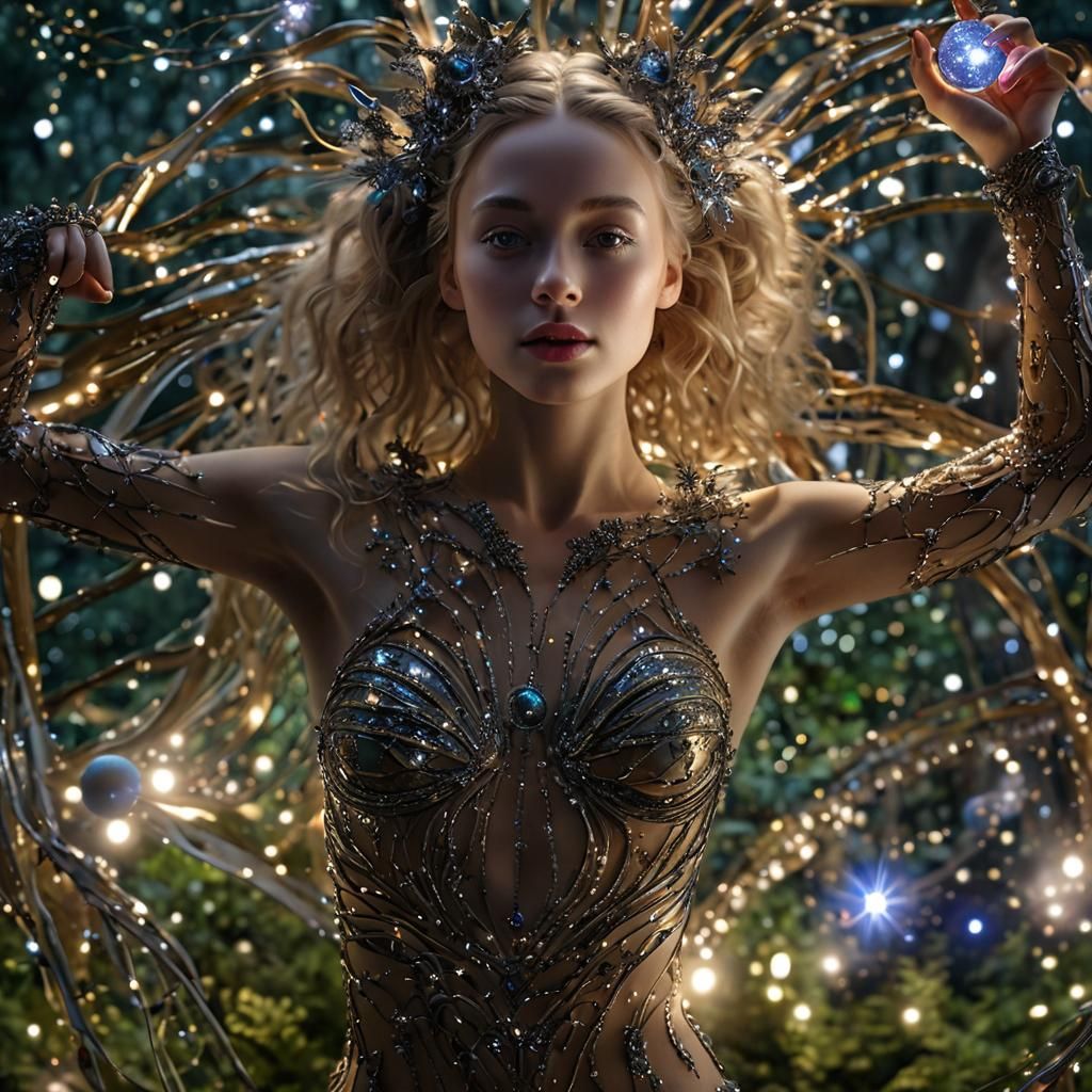 Cyborg Ballerina's Ethereal Dance in Primordial Forest