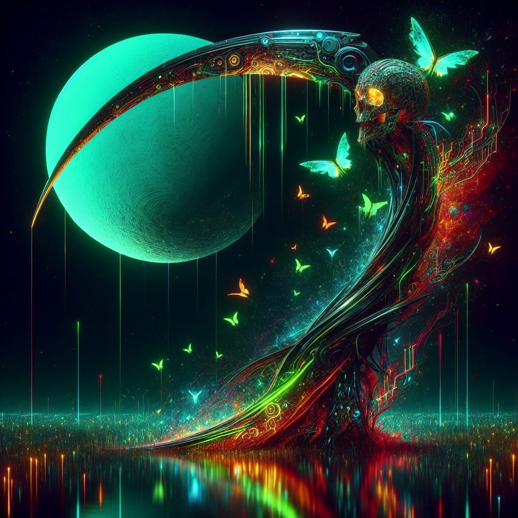 Ethereal Biomechanical Scythe in Neon-Lit Dreamscape