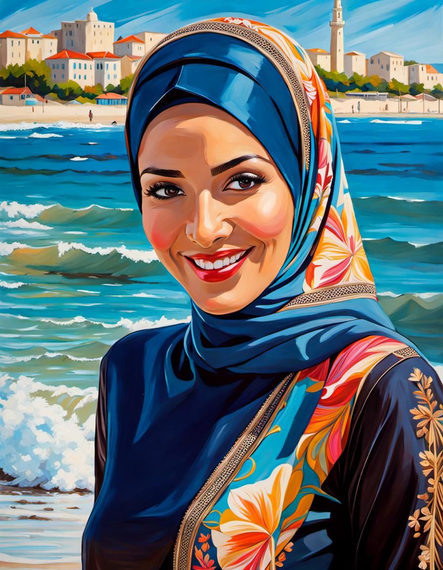 Elegant Hijabi Woman Swimming at Beach, Realistic Oil Painti...