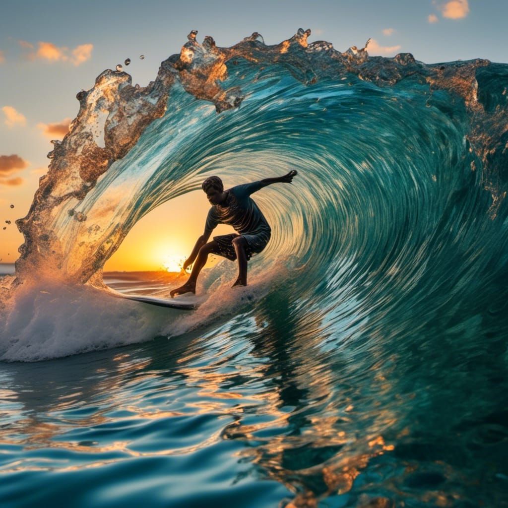 Surfer Riding a Glass Wave at Sunset