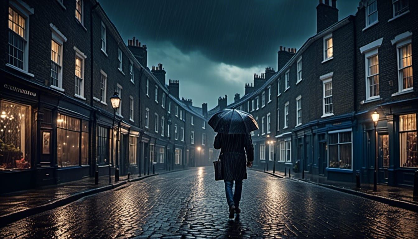 Lonely Man in Rainy London Night