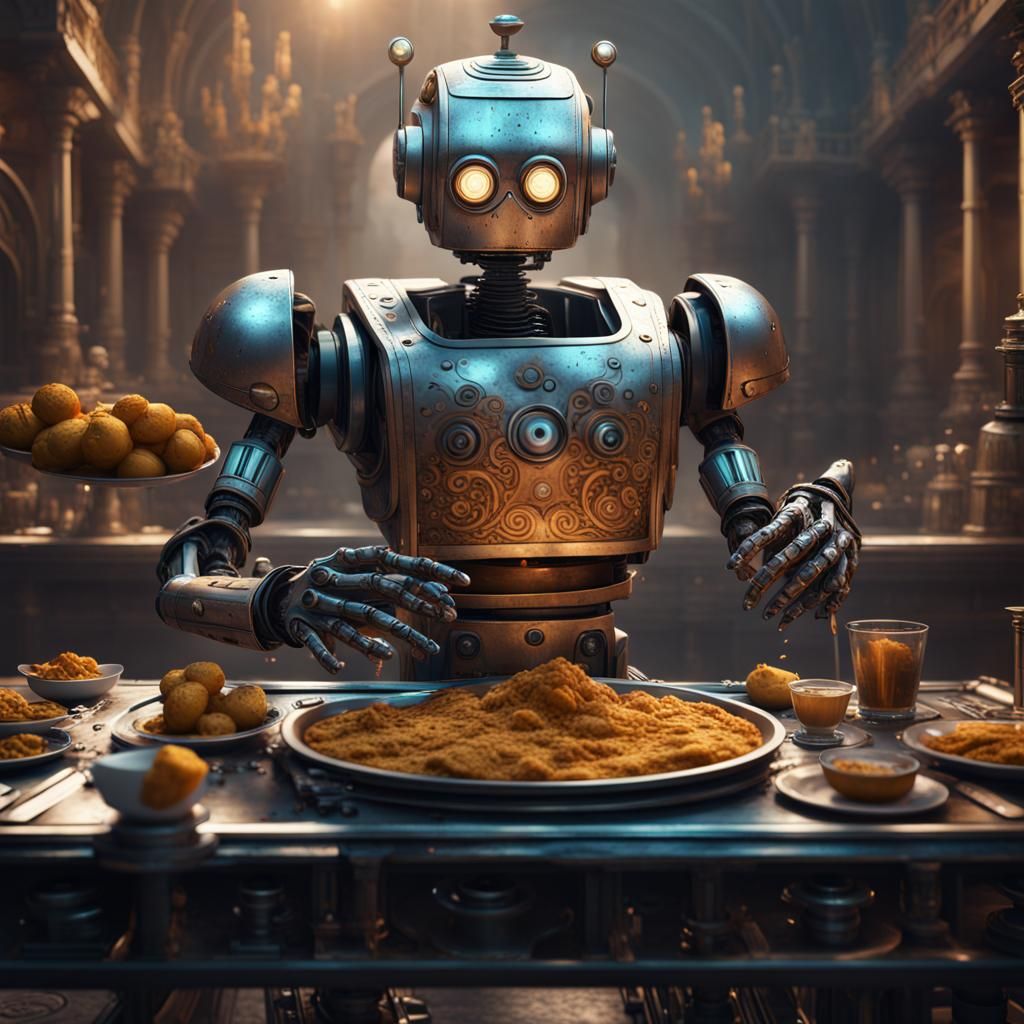 Robot Butler with Silver Tray, Detailed Matte Painting