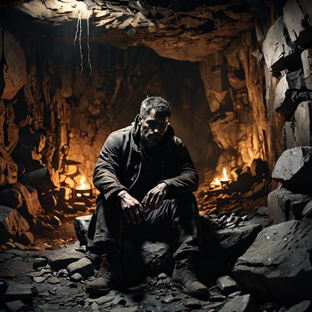 Captive Man in Dark Cave: Haunting Digital Art
