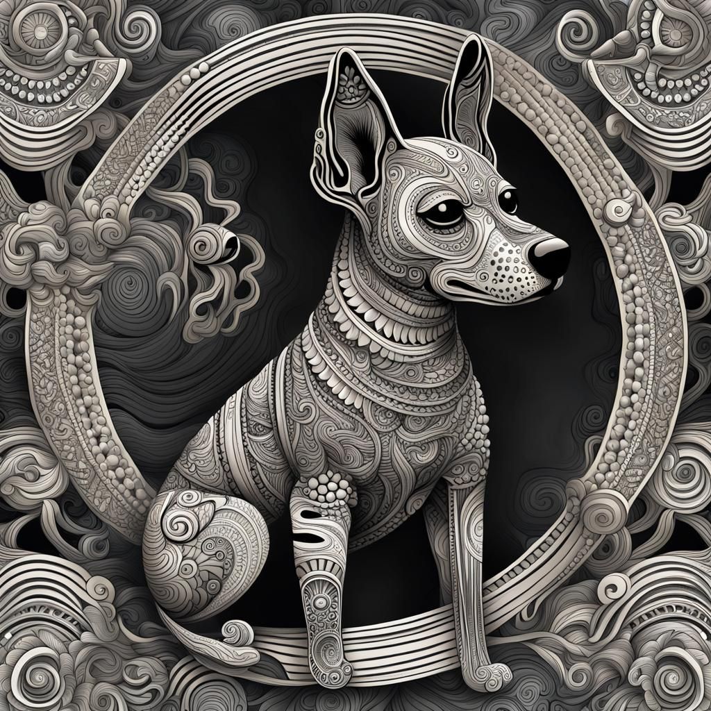 Mexican Hairless Dogs with Aztec Gods in Abstract Style