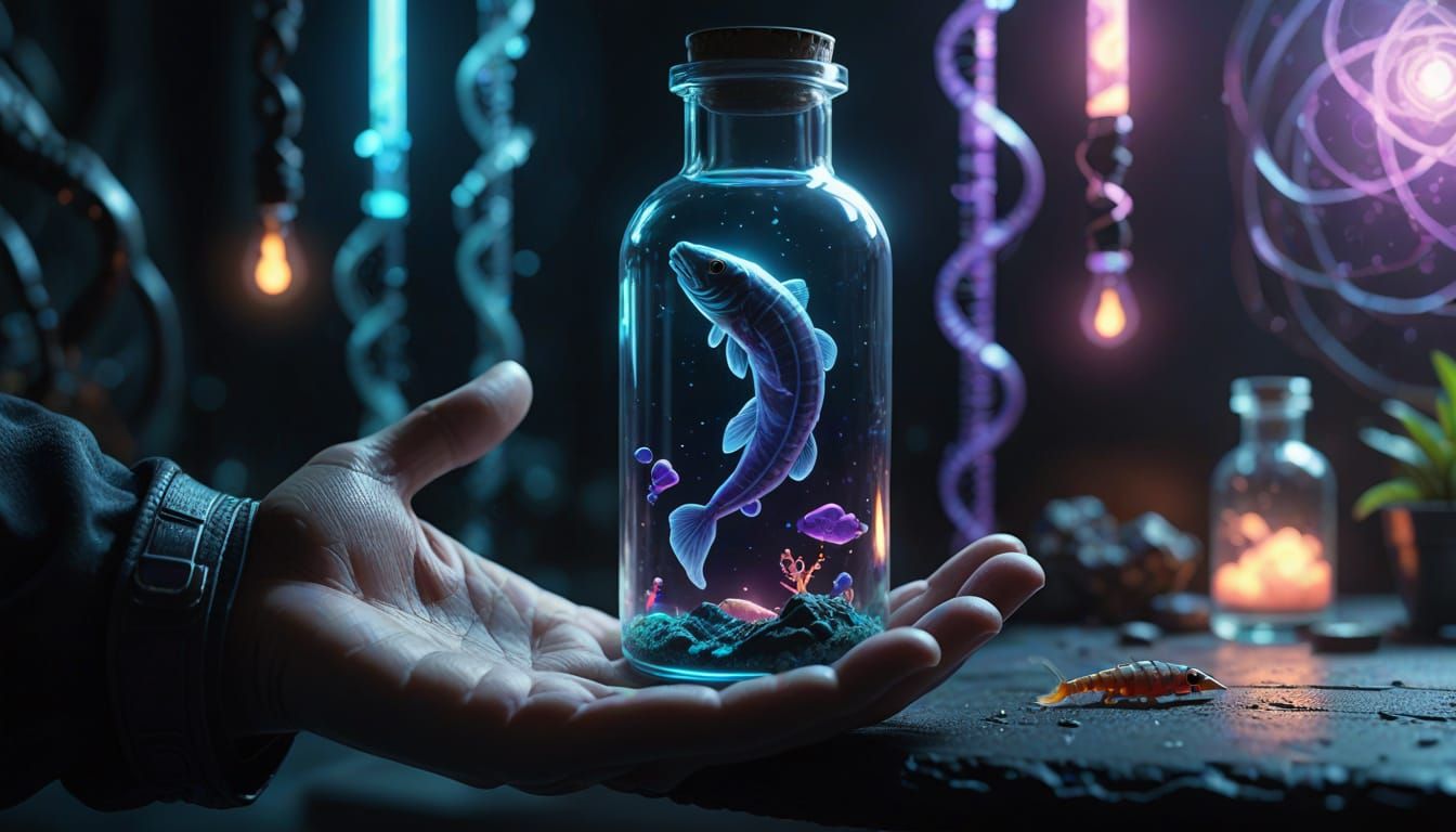 Gloved Hand Holds Glowing Lungfish in Sci-Fi Vial