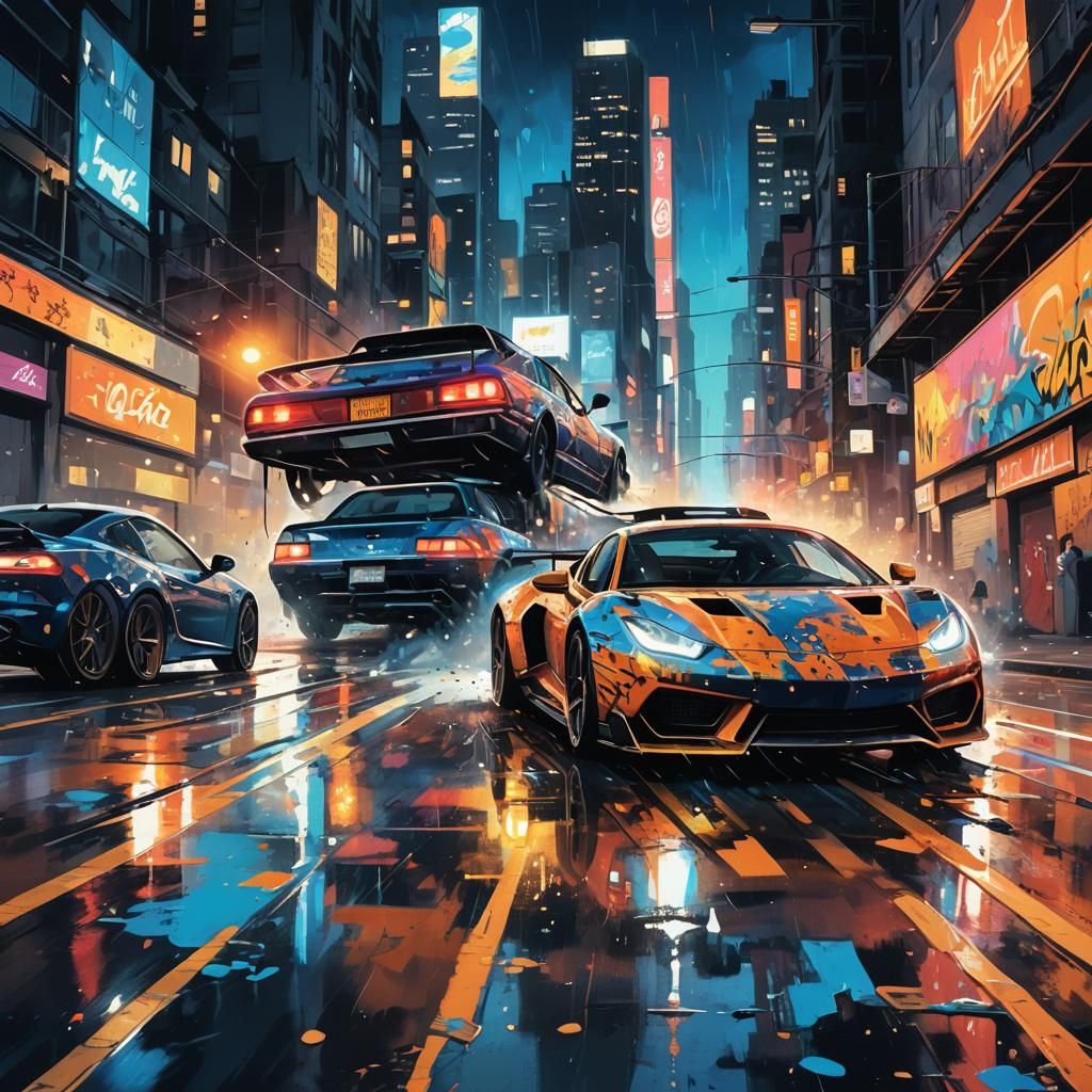 Neon Graffiti Sports Cars in Futuristic City