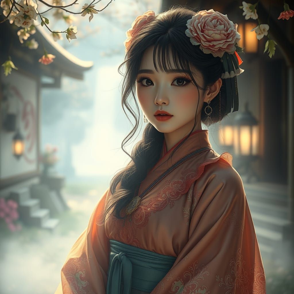 Sumptuously Dressed Japanese Woman in Ethereal Fantasy Mist
