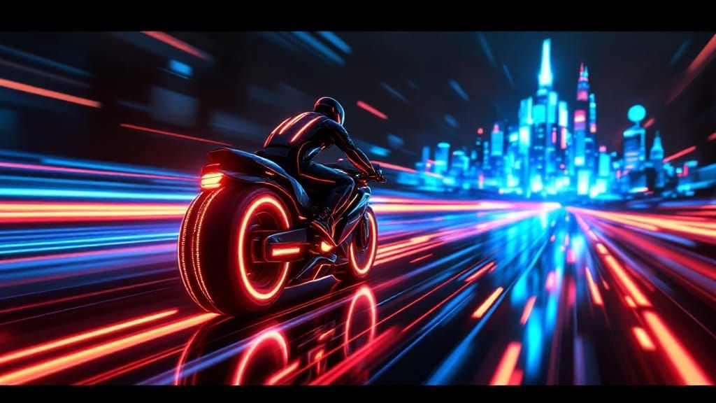 TRON Lightcycle Speeds Toward Cyberpunk City