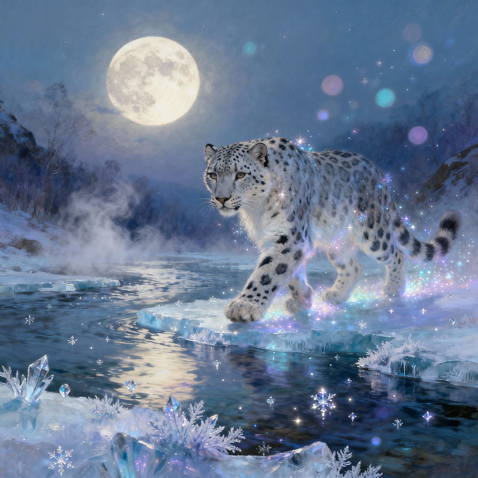 Majestic Snow Leopard on Ice Under Full Moon