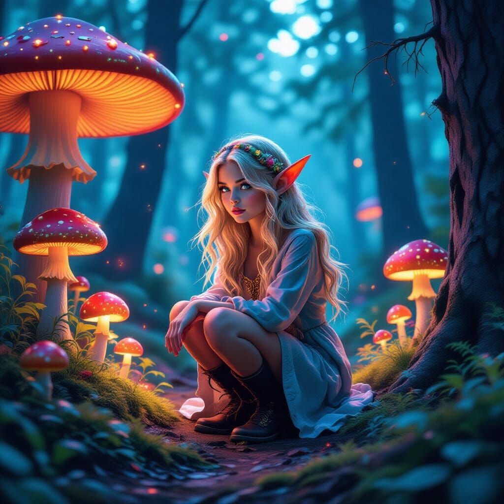 Neon Mushroom Forest with Elfin, Ashley Wood Style