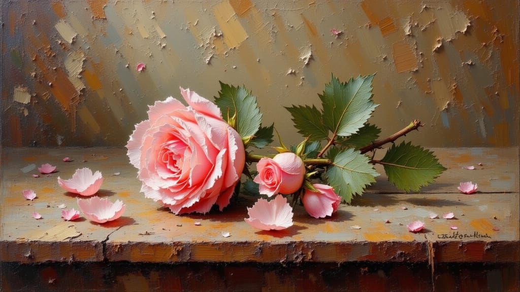 Vintage Oil Painting of a Pink Rose