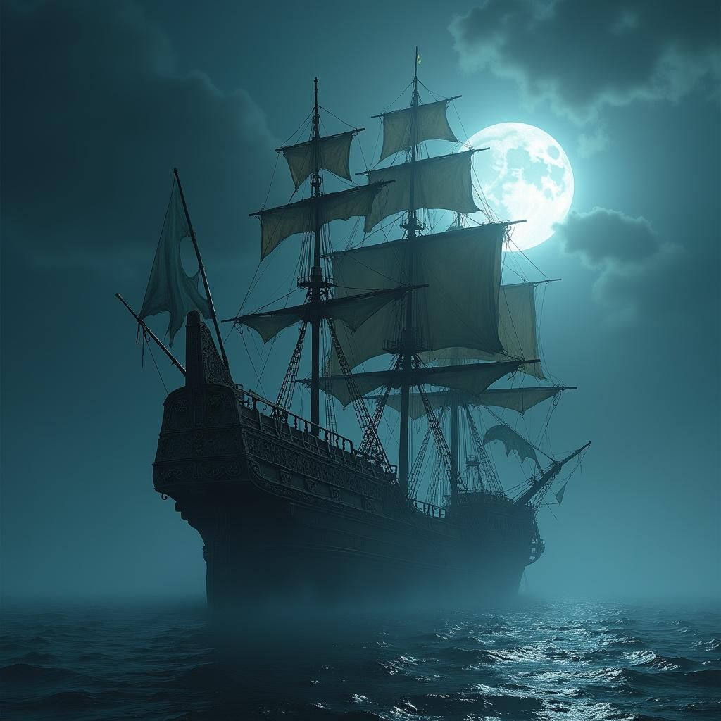Spectral Galleon Drifting on Moonlit Sea