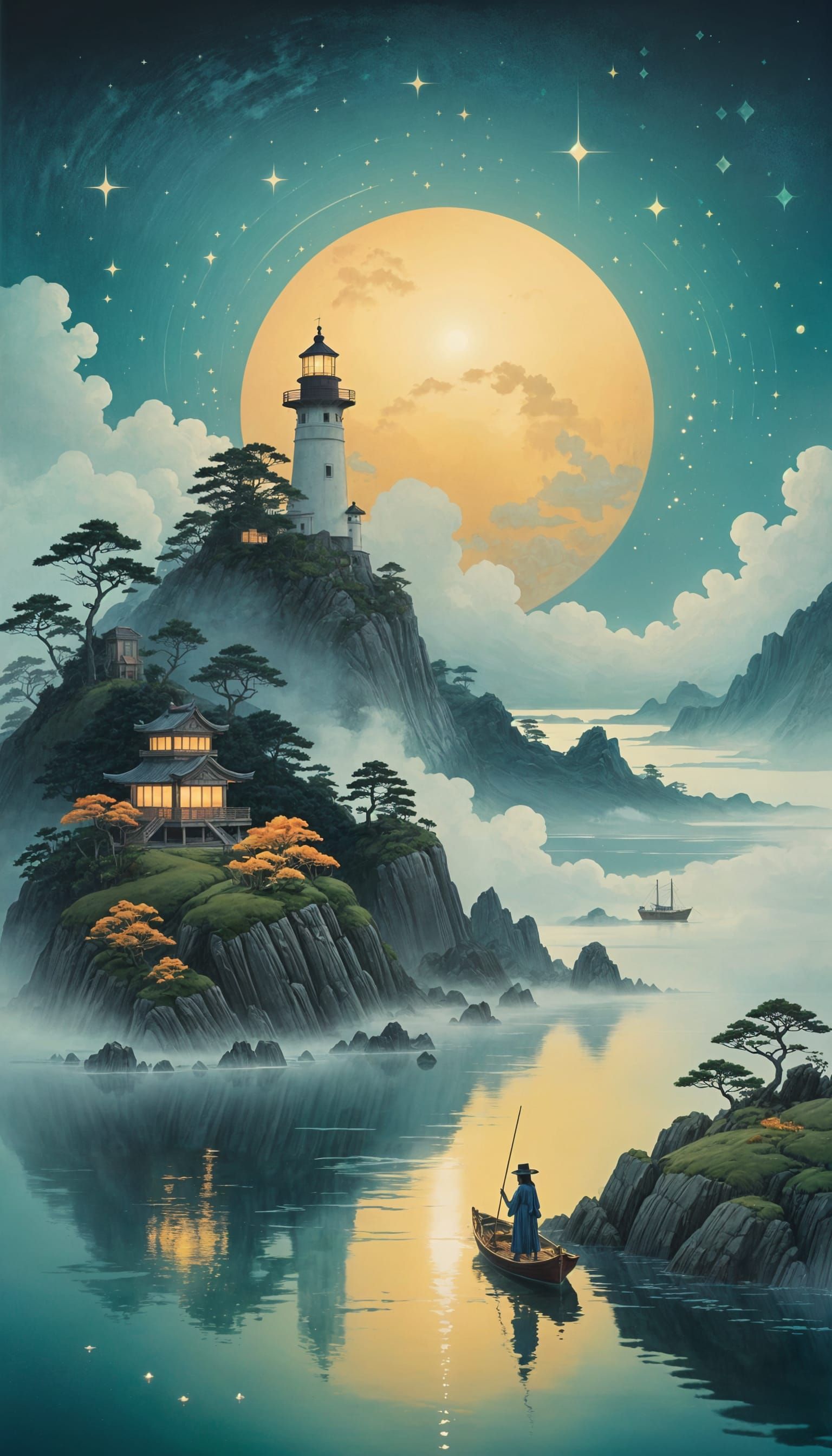 Surreal Lighthouse Pilgrimage in Ukiyo-e Dreamscape