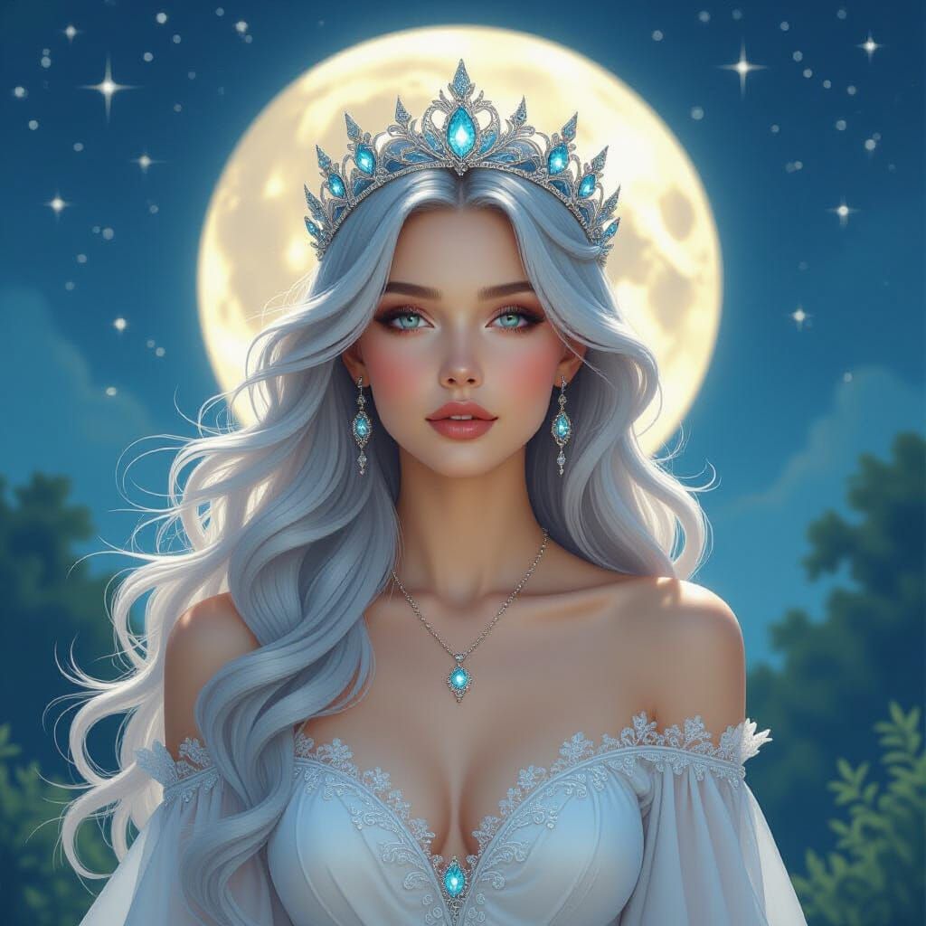 Ethereal Goddess in Moonlit Glade, Pre-Raphaelite Style