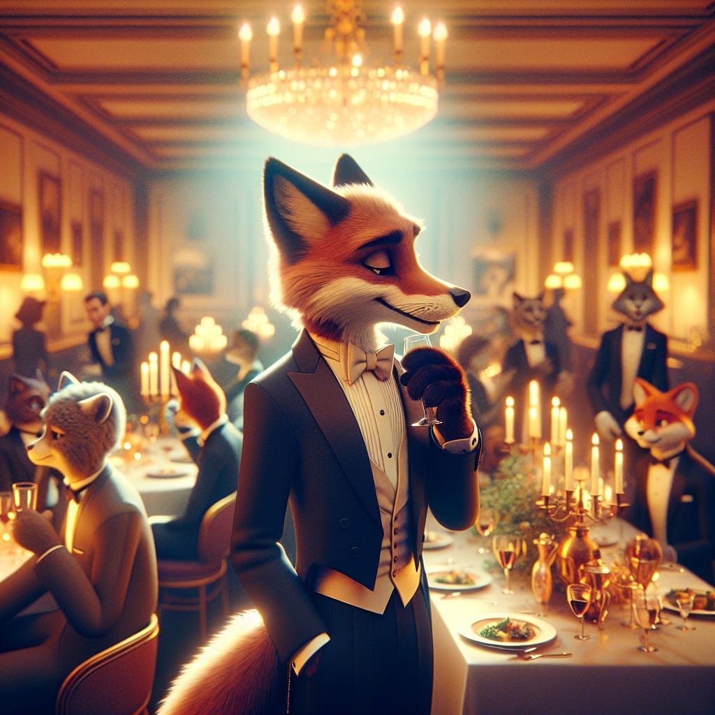 Anthropomorphic Fox at Dinner Party in Tuxedo