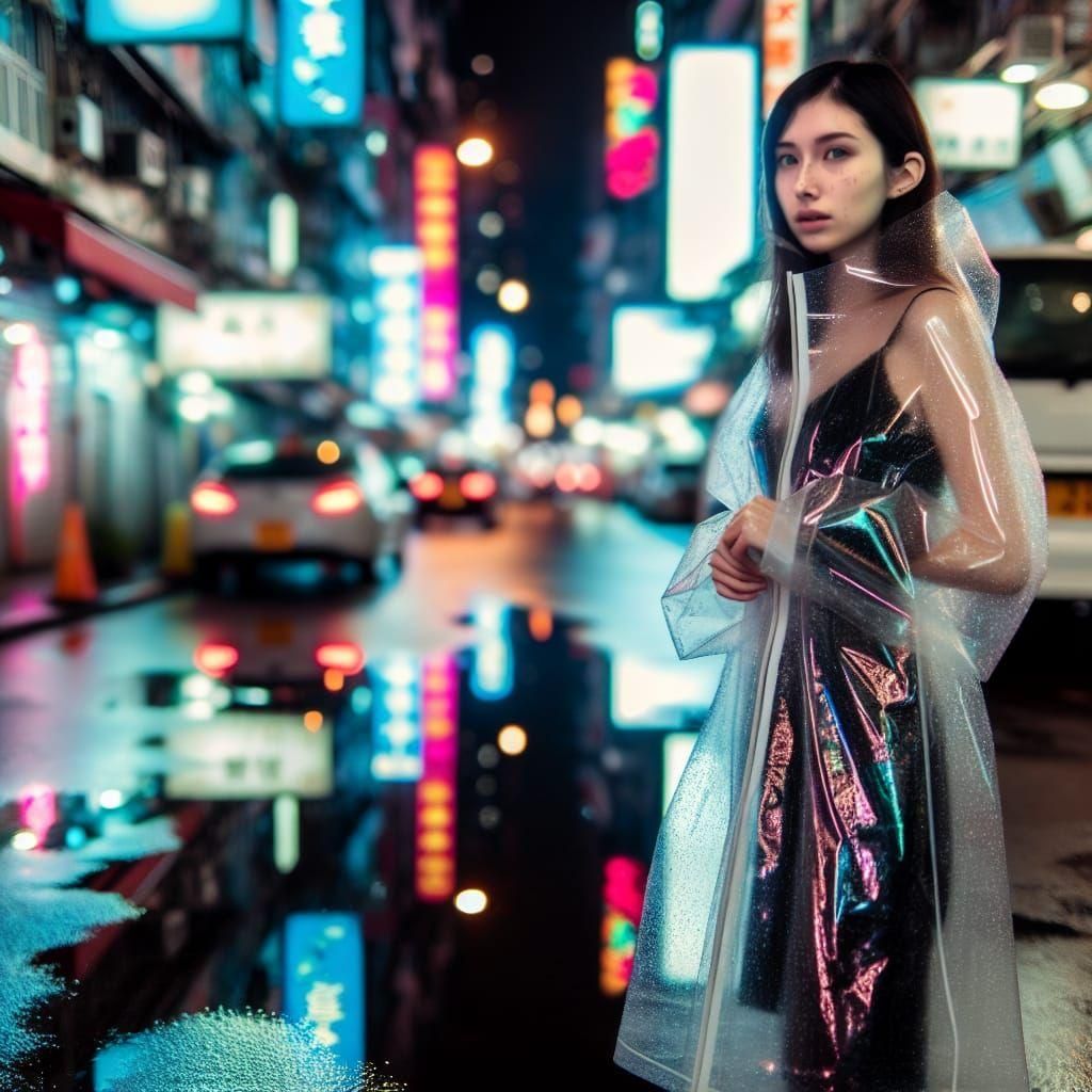 Cyberpunk Woman in Rainy Neon Cityscape