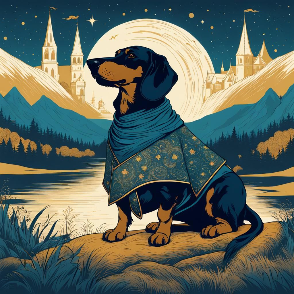 Dachshund as Medieval Wizard in Fantasy Landscape